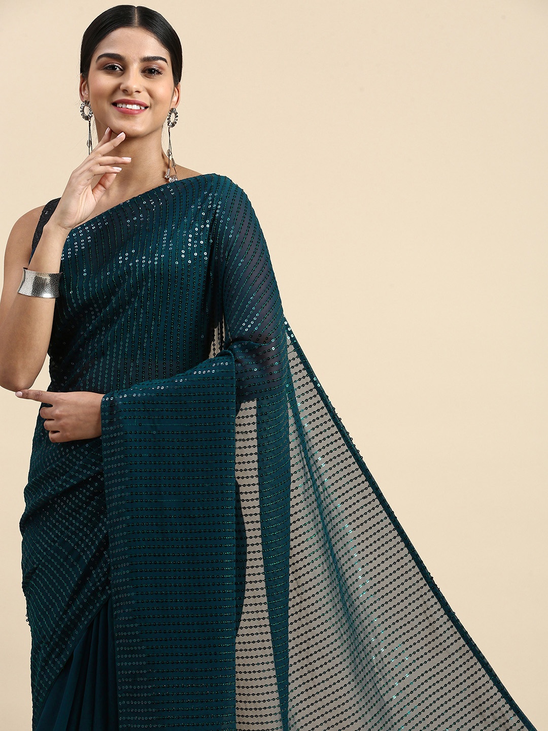 

Pothys Woven Design Sequinned Pure Georgette Saree, Navy blue