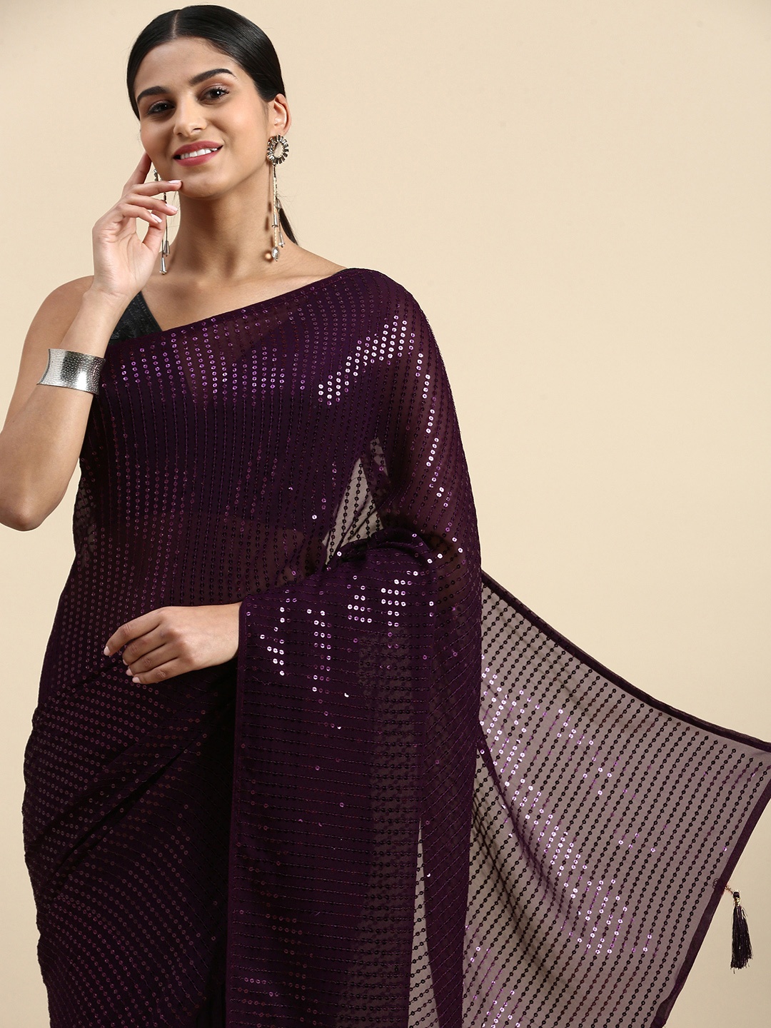 

Pothys Woven Design Sequinned Pure Georgette Saree, Purple