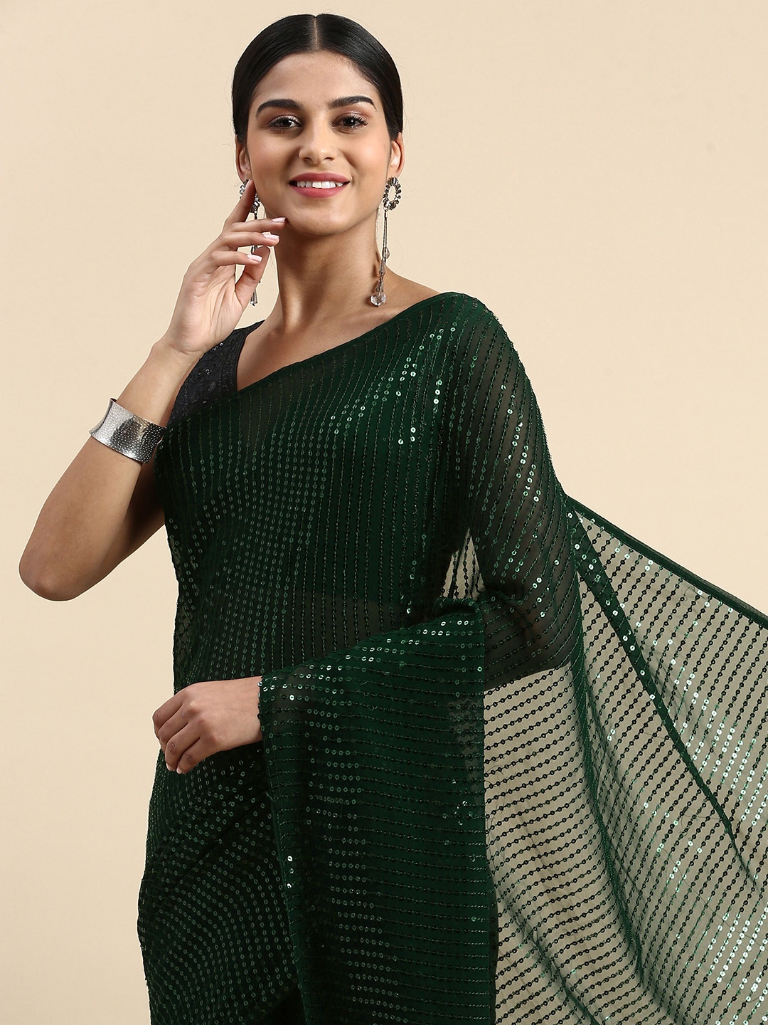 

Pothys Woven Design Sequinned Pure Georgette Saree, Green