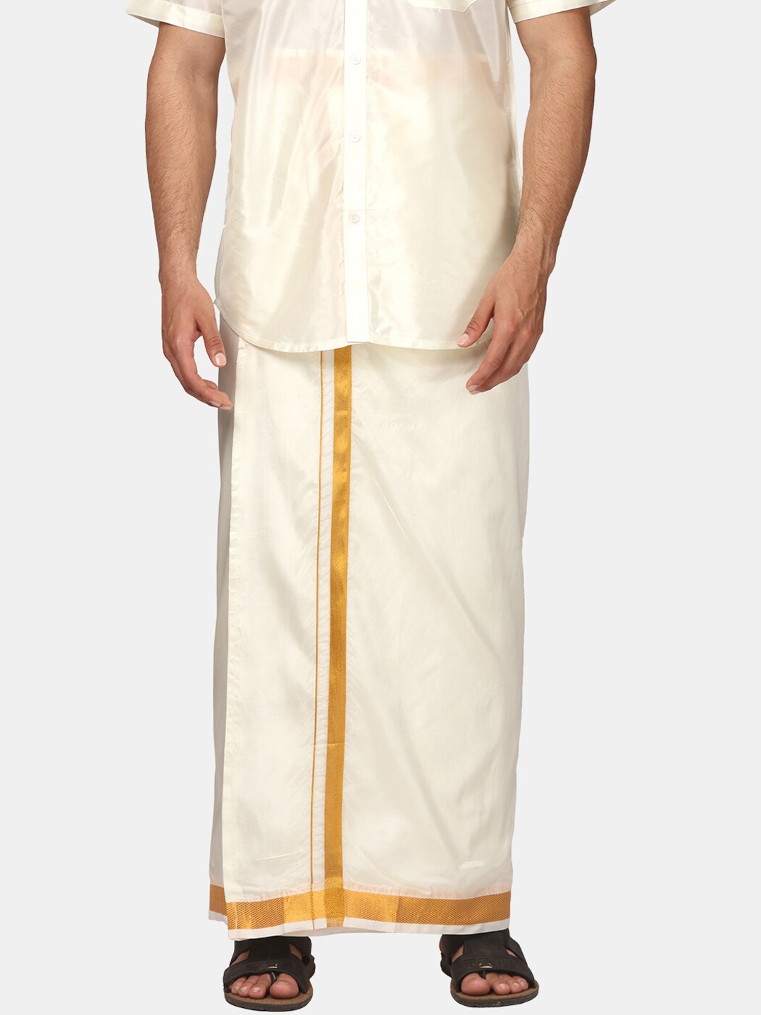 

Sethukrishna Men Mid-Rise Art Silk Dhotis with Angavastram, Cream