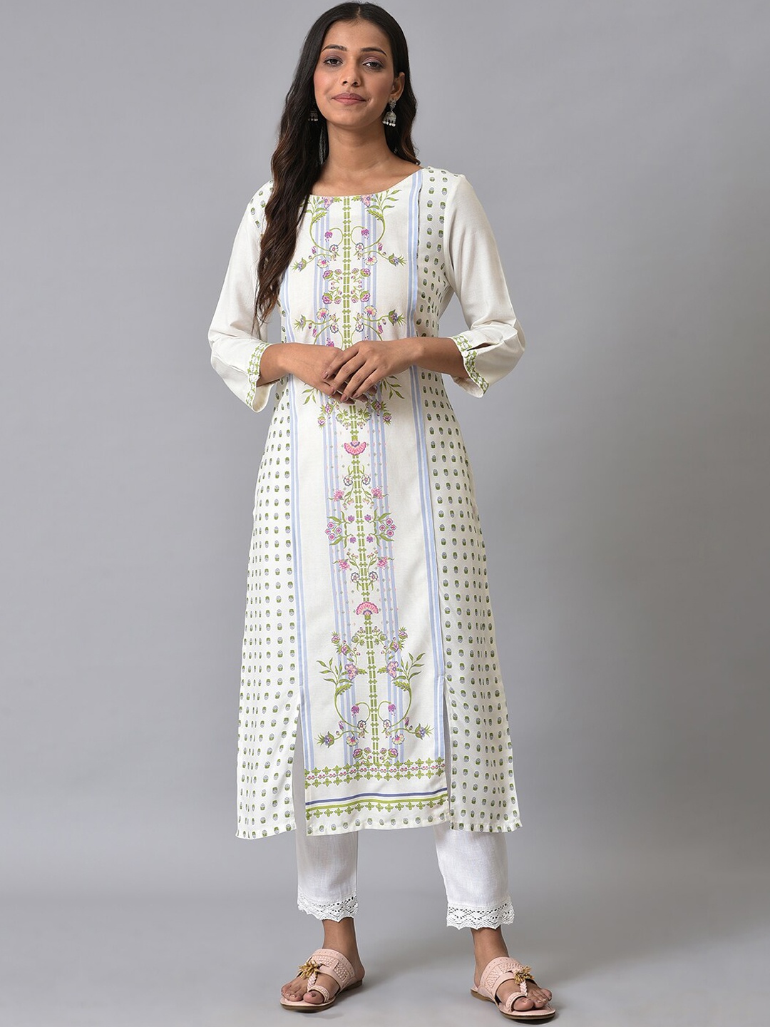 

W Paneled Floral Printed Straight Kurta with Trousers, White