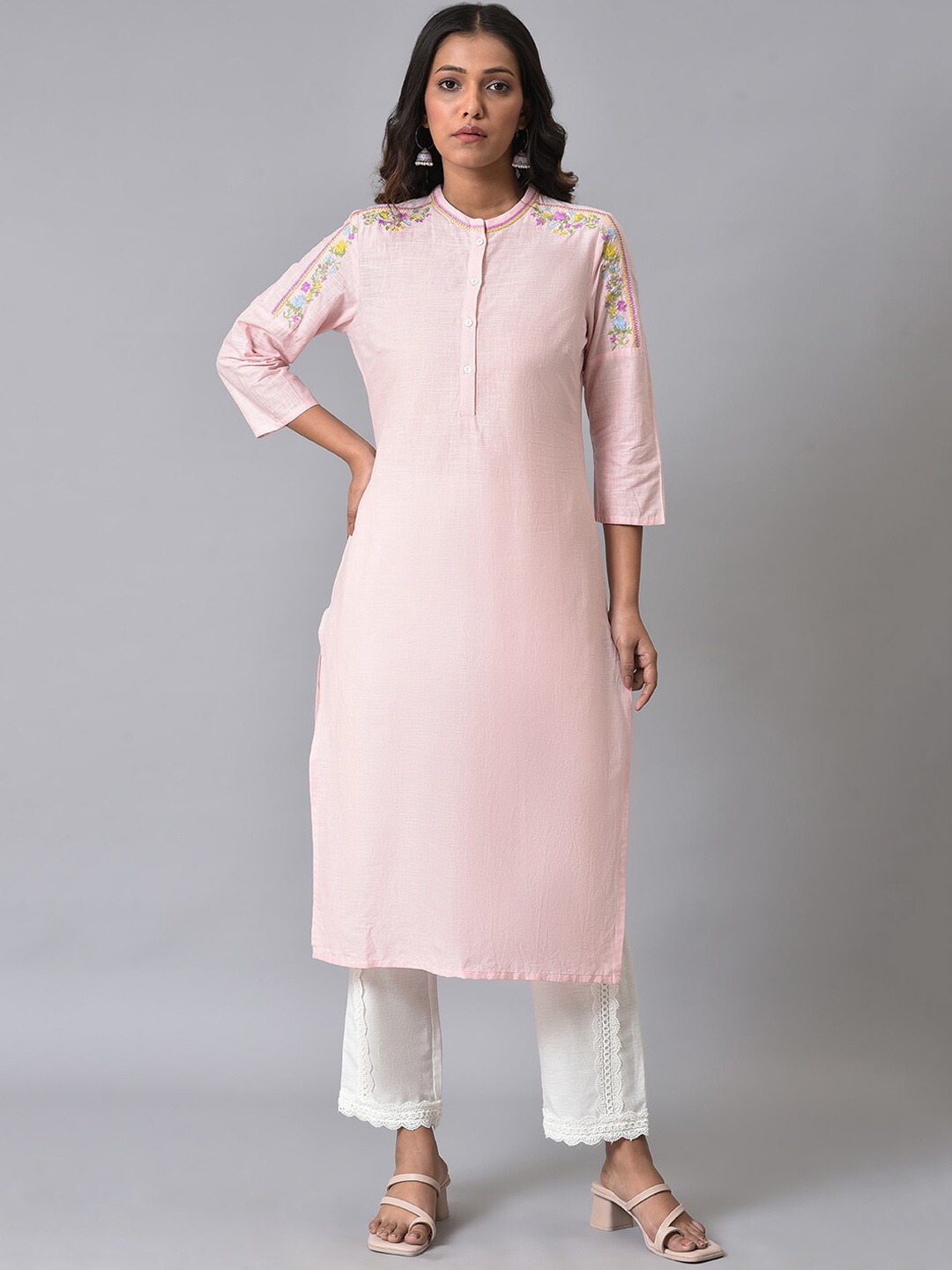 

W Floral Embroidered Straight Pure Cotton Kurta with Trousers, Pink