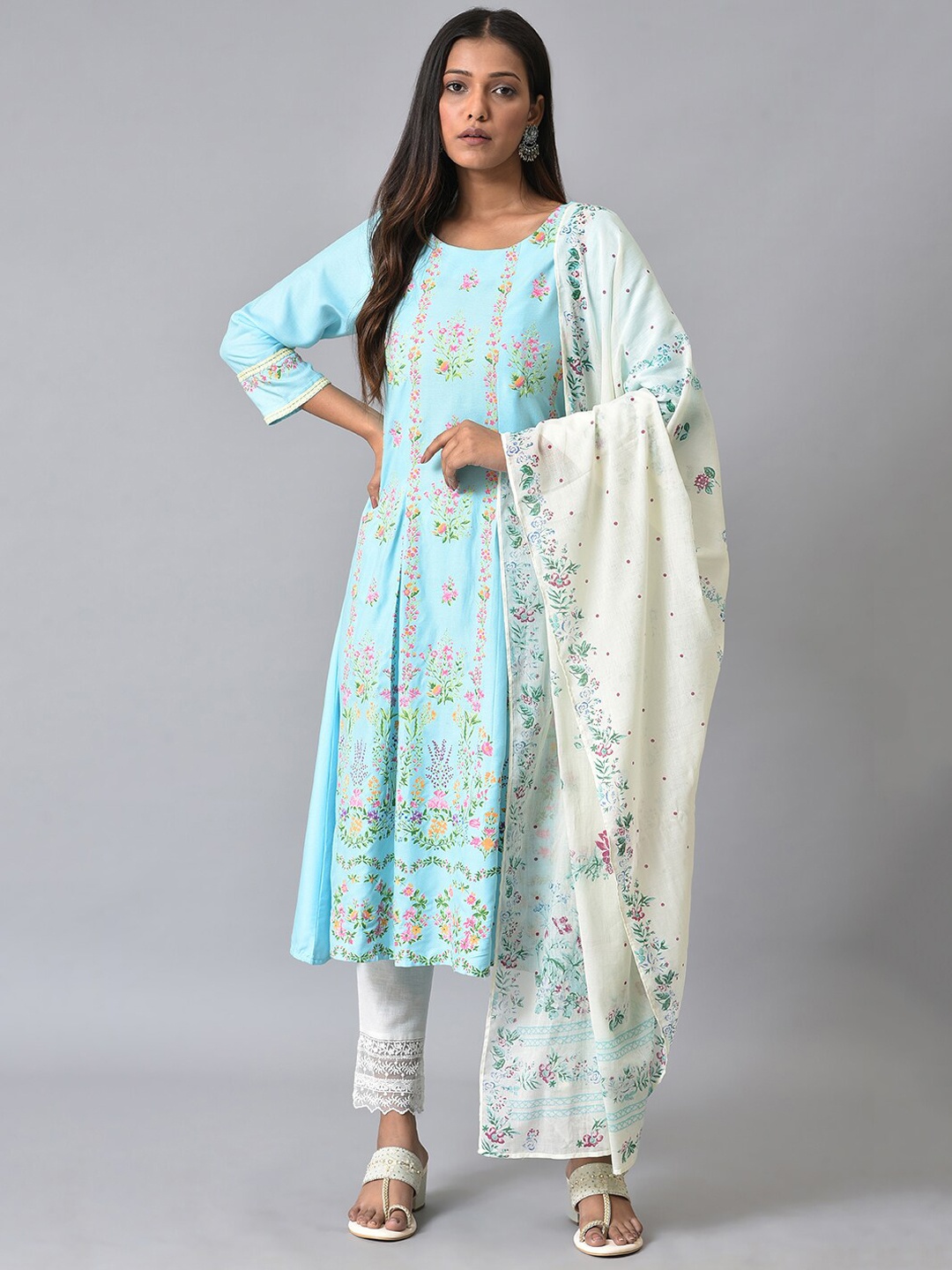 

W Pleated Floral Printed Anarkali Kurta with Trousers & Dupatta, Blue