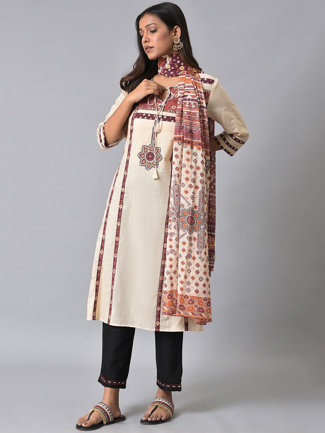 

W Ethnic Motifs Printed Pure Cotton Straight Kurta with Trousers & Dupatta, Cream