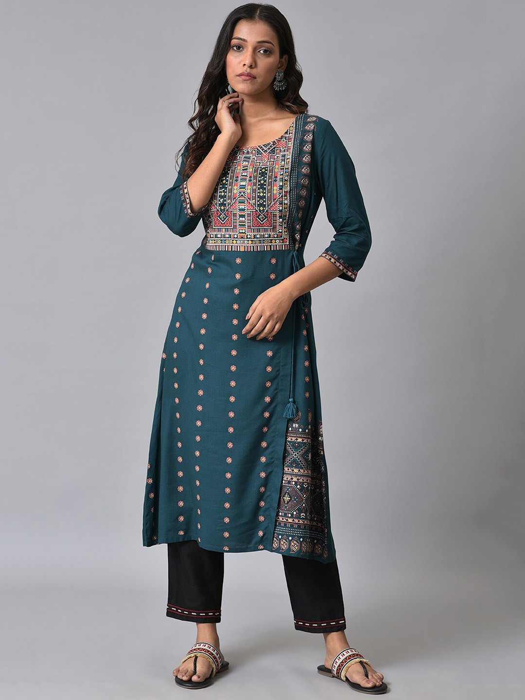 

W Ethnic Motifs Printed Sequined A-Line Kurta with Trousers, Teal