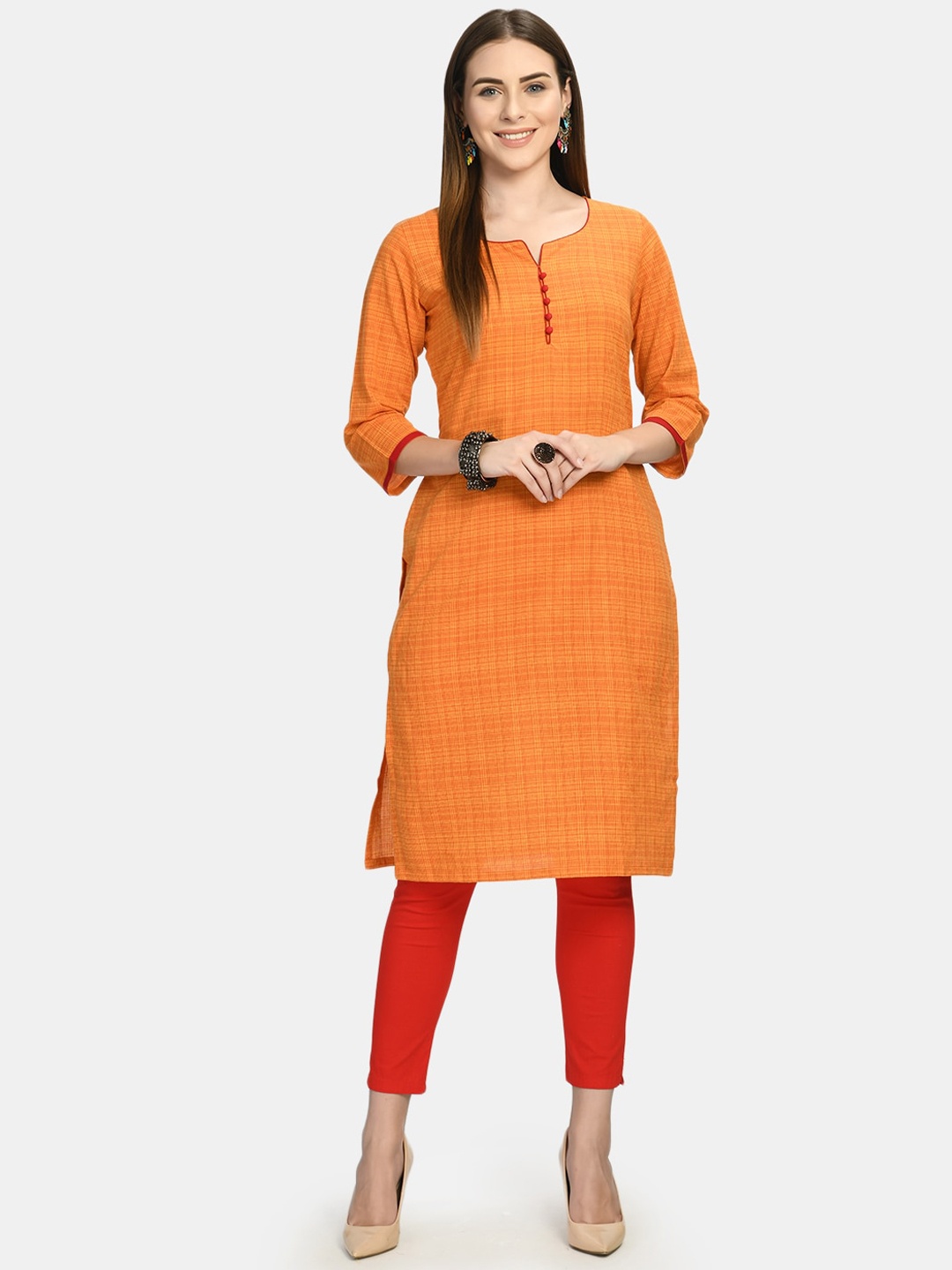 

KALINI Woven Design Straight Regular Kurta, Orange