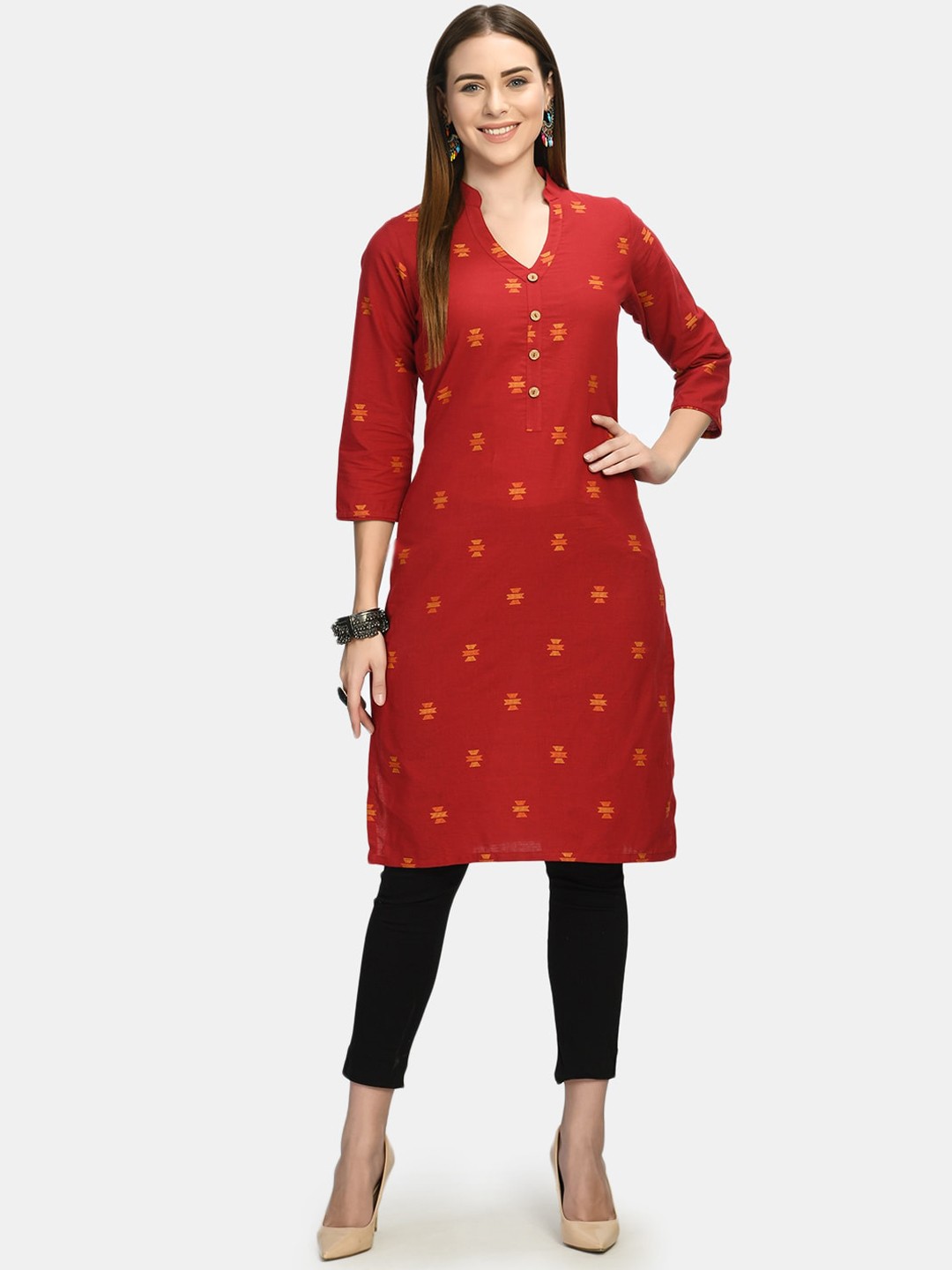 

KALINI Geometric Embroidered Thread Work Cotton Kurta, Red