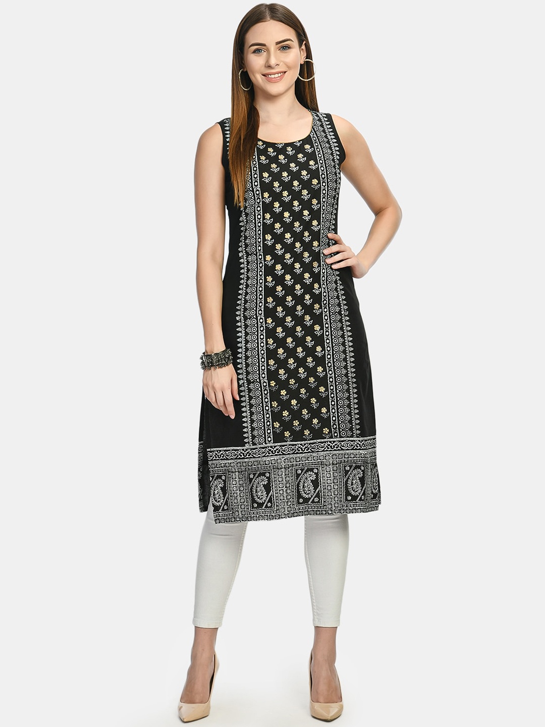 

KALINI Ethnic Motifs Printed Block Print Kurta, Black