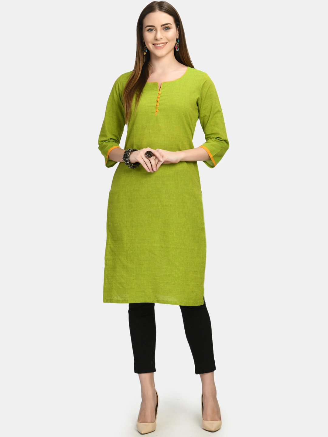 

KALINI Notched Neck Straight Cotton Kurta, Green