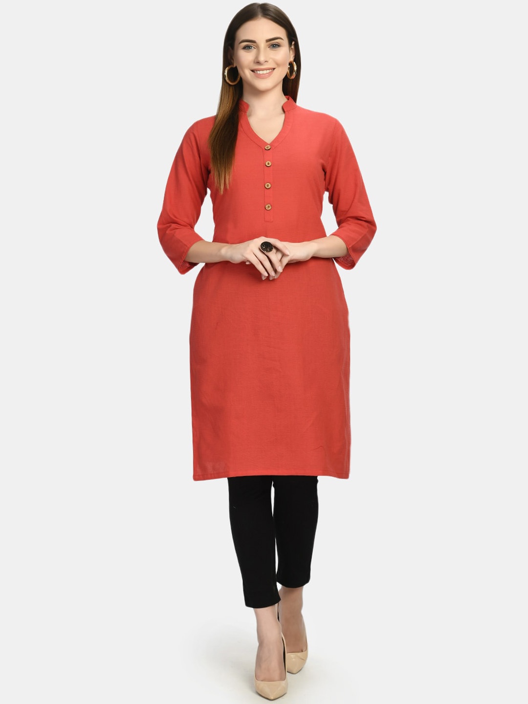 

KALINI Band Collar Pure Cotton Kurta, Coral