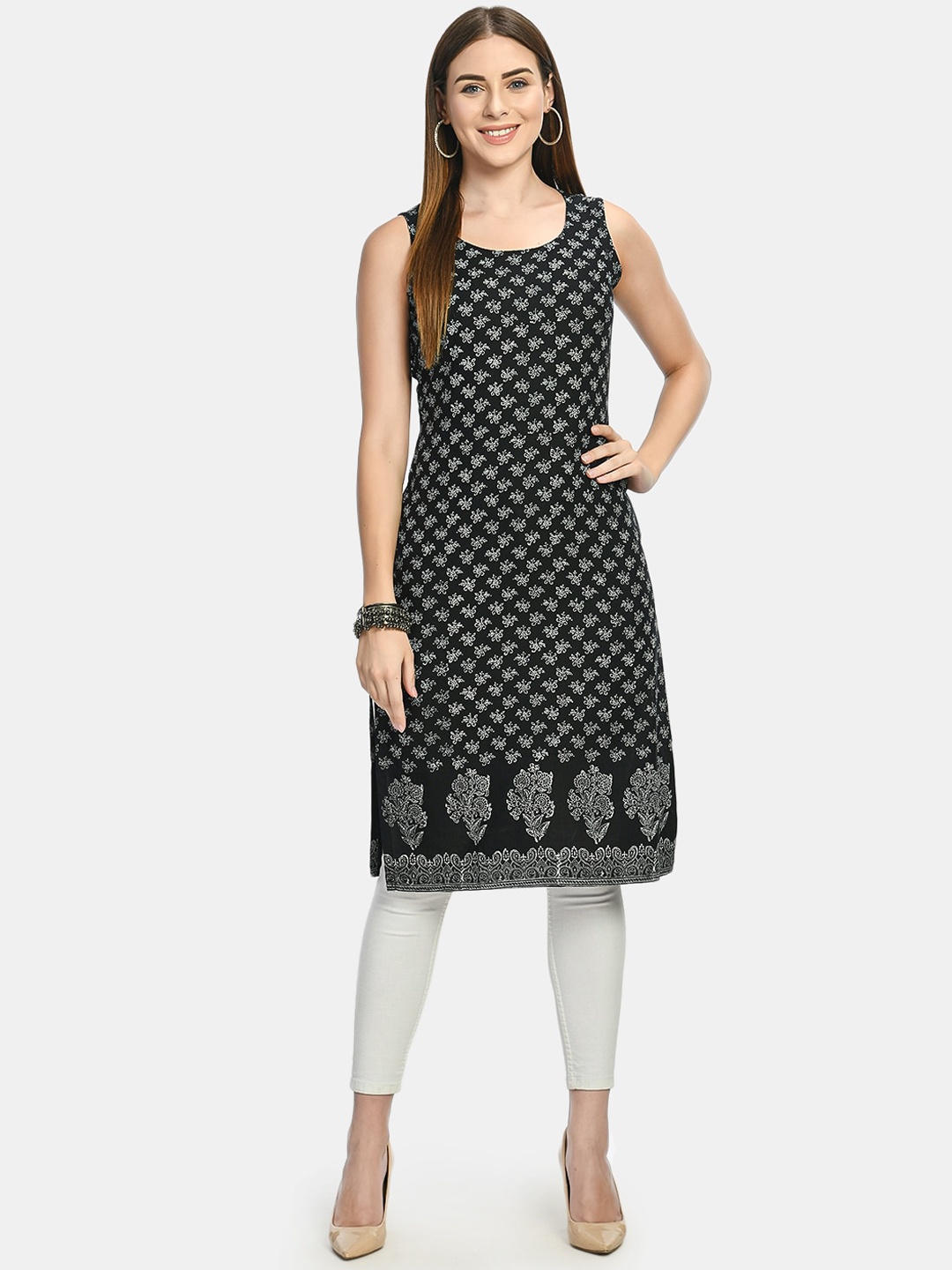 

KALINI Ethnic Motifs Block Print Kurta, Black