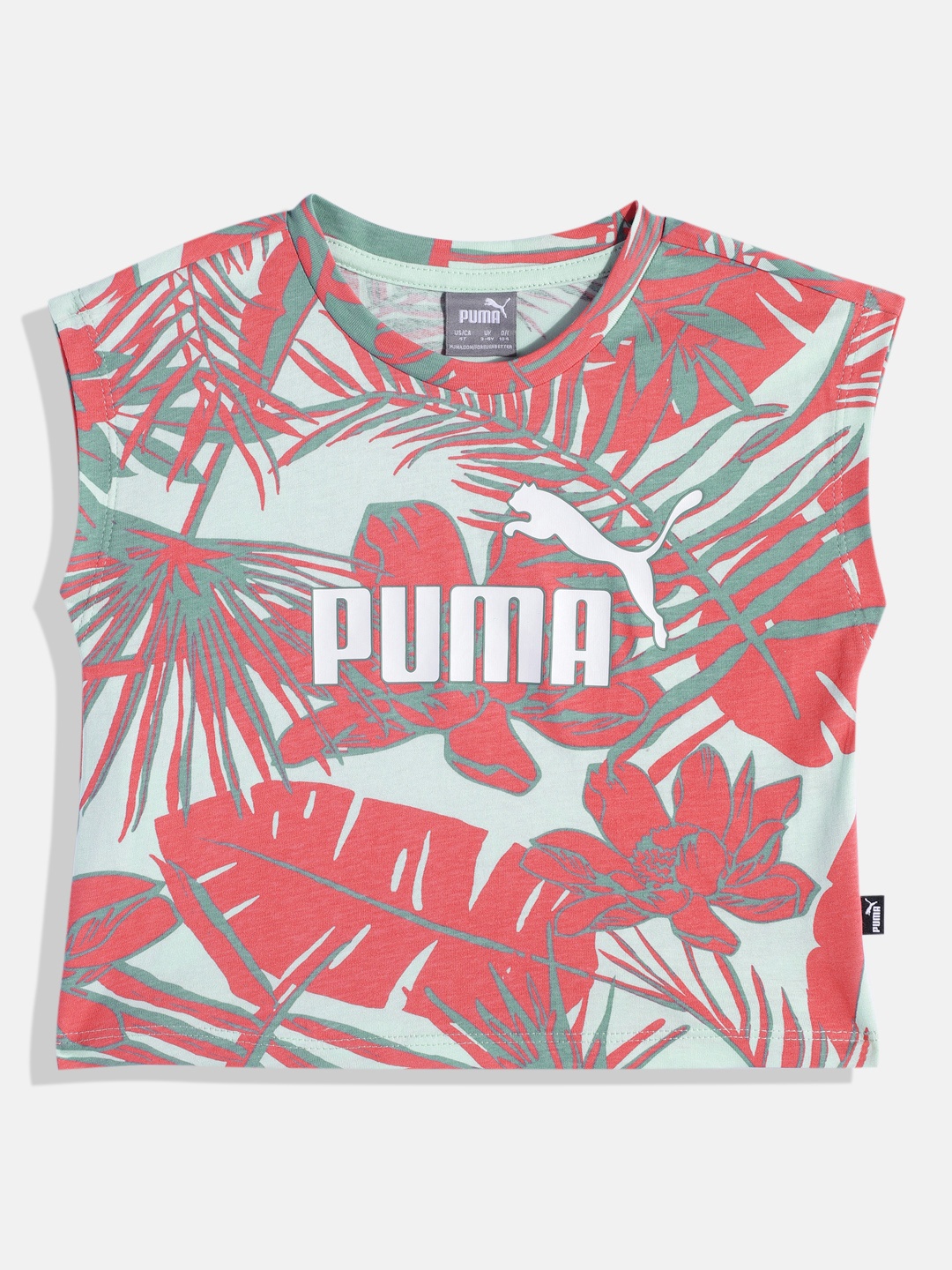 

Puma Girls Floral Printed Extended Sleeves Relaxed Fit Essential AOP Pure Cotton T-shirt, Green