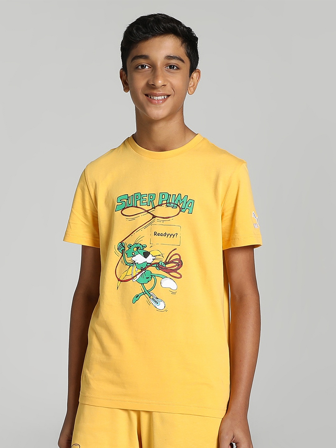 

Puma Boys Super Puma Graphic Printed Regular fit Pure Cotton T-shirt, Yellow