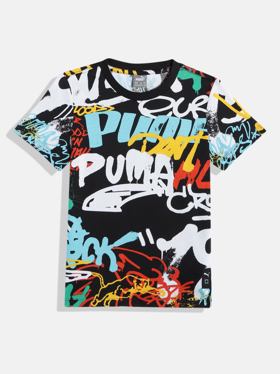 

Puma Boys BASKETBALL BLOCK PARTY Youth Brand Logo Print Pure Cotton T-shirt, Black