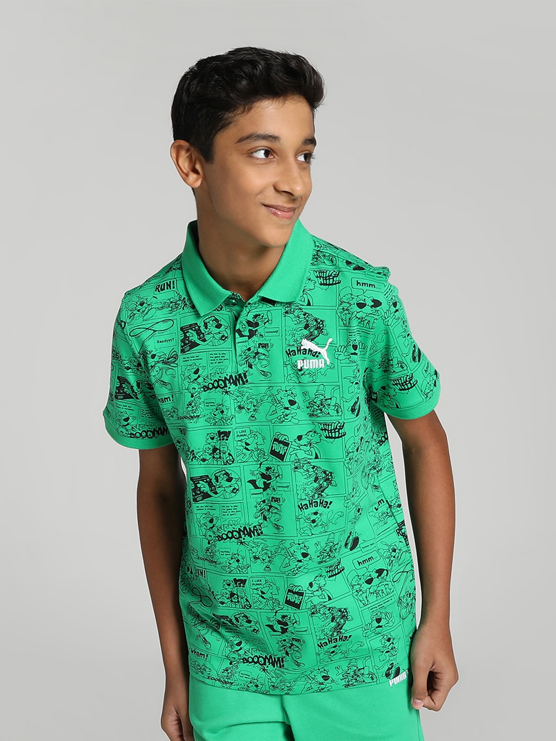 

Puma Boys Super Puma Printed Polo Collar Regular Fit Pure Cotton T-shirt, Green