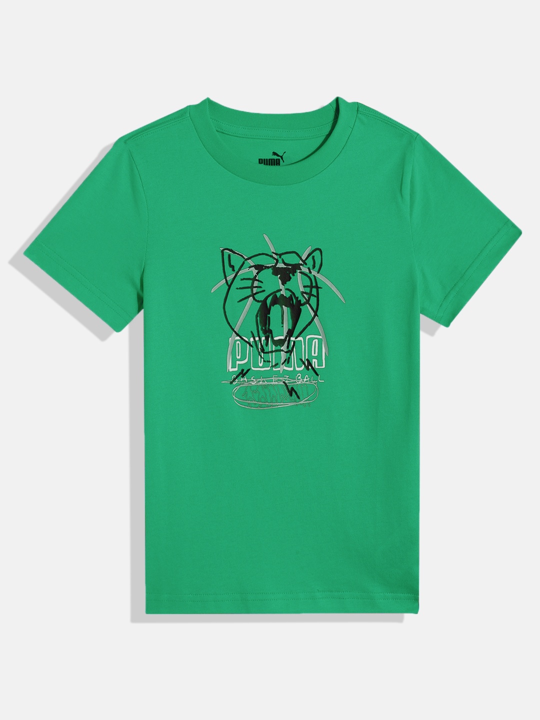 

Puma Boys BASKETBALL Youth Brand Logo Printed Pure Cotton T-shirt, Green