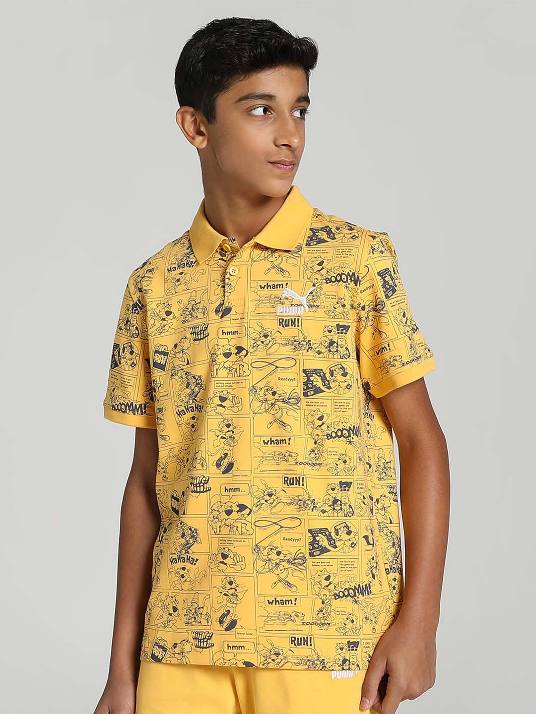 

Puma Boys Super Puma Printed Polo Collar Regular Fit Pure Cotton T-shirt, Yellow