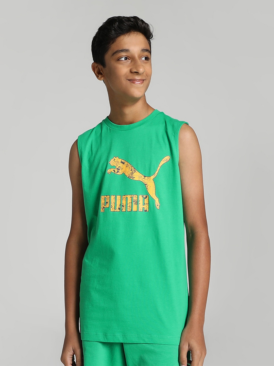 

Puma Boys Brand Logo Printed Pure Cotton Sleeveless T-shirt, Green