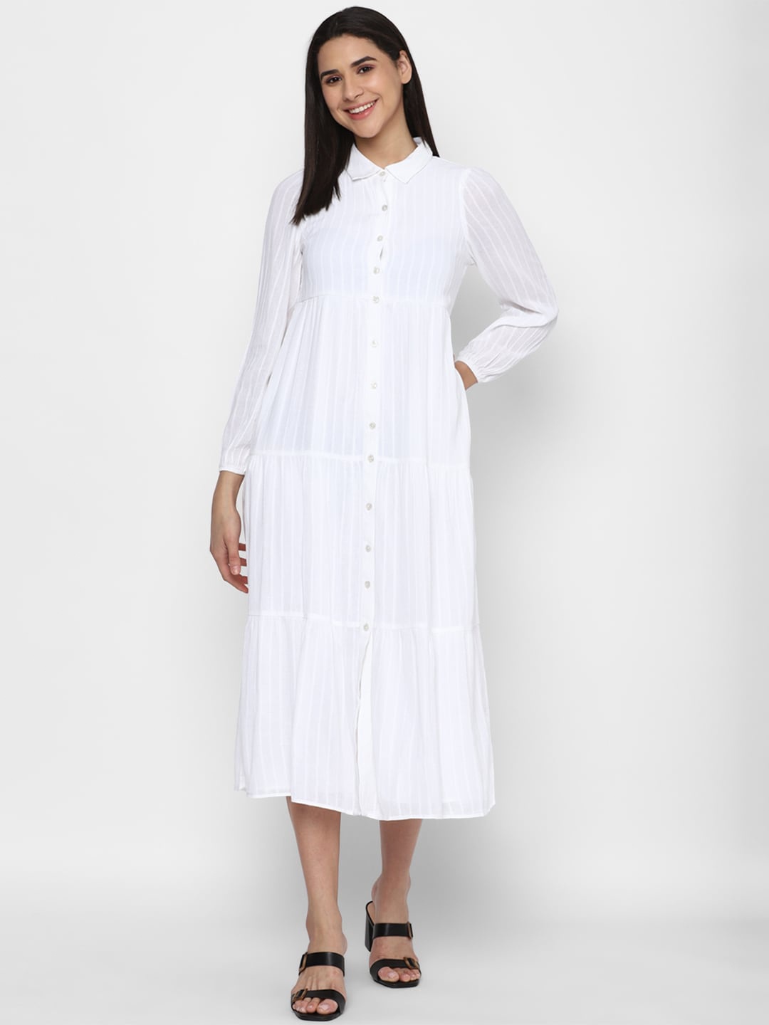 

AMERICAN EAGLE OUTFITTERS Shirt Collar Striped Shirt Midi Dress, White