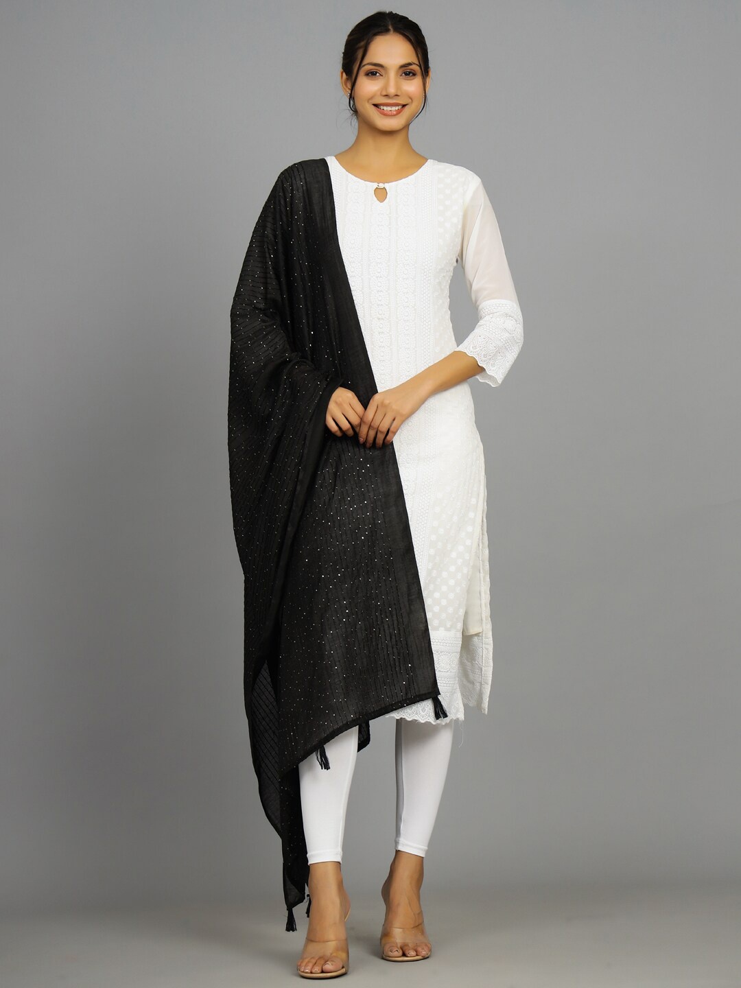

HANDICRAFT PALACE Striped Embroidered Dupatta with Sequinned, Black