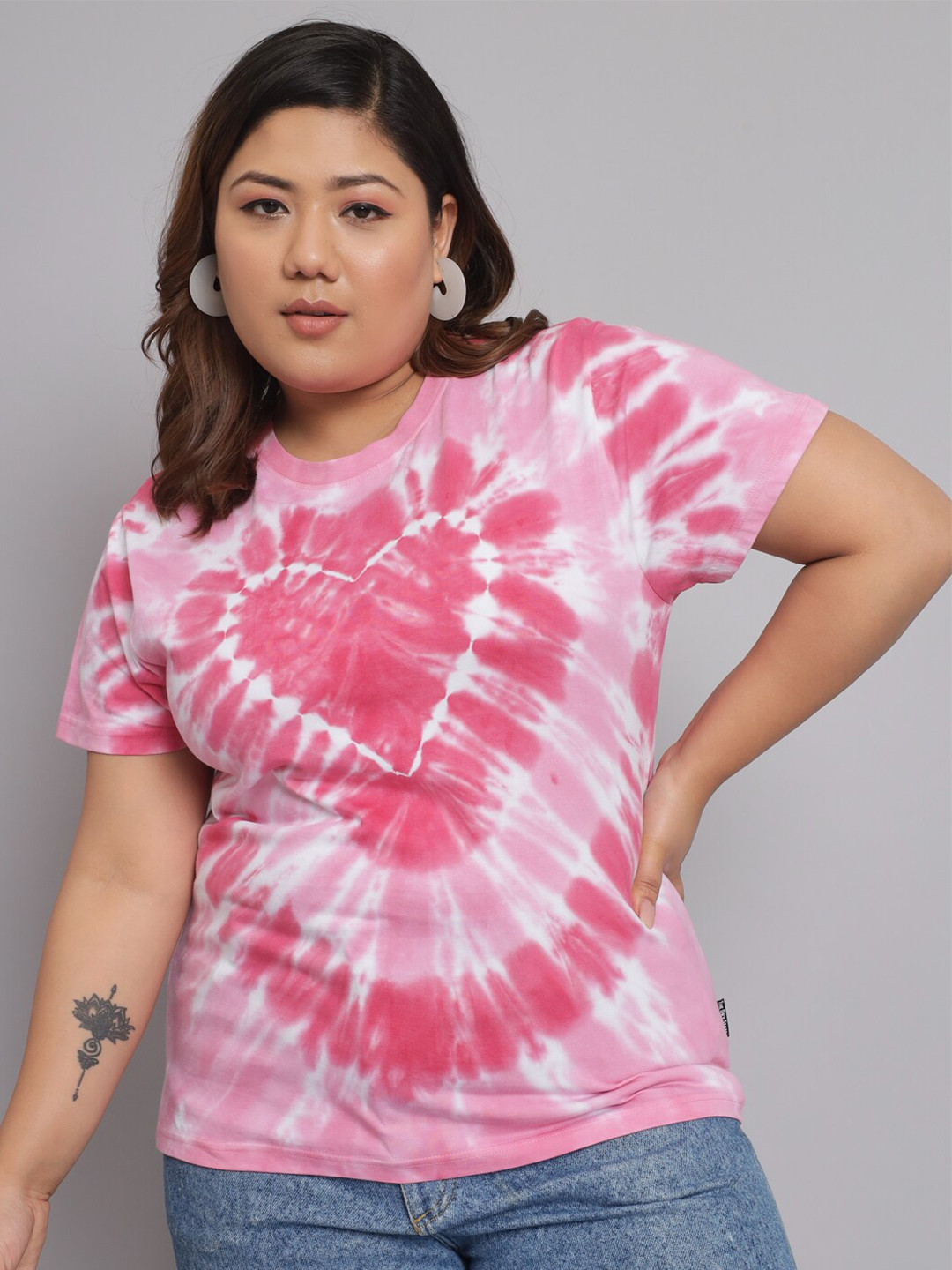 

BEYOUND SIZE - THE DRY STATE Women Pink Plus Size Tie-Dyed Cotton T-shirt