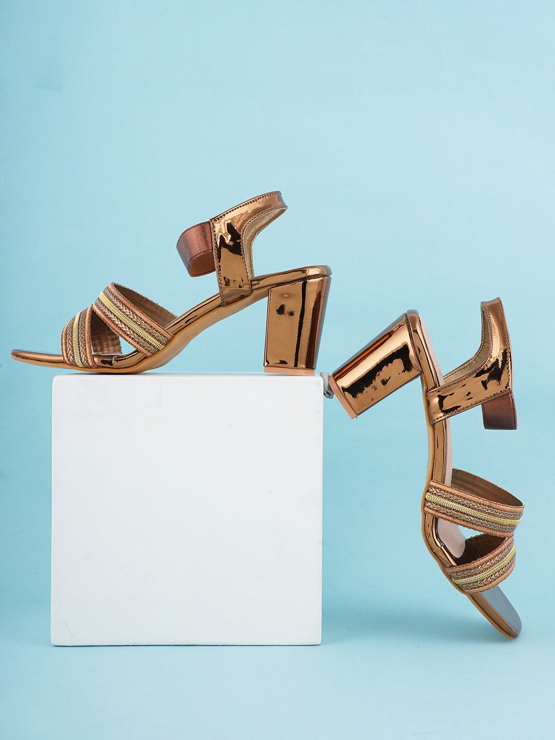 

SCENTRA Rose Gold Party Block Sandals with Buckles