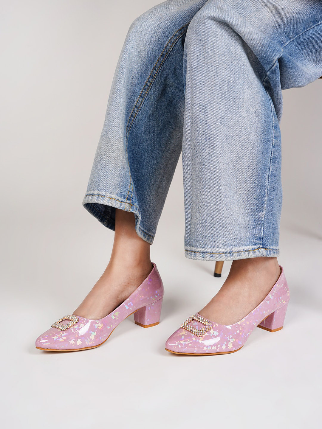 

SCENTRA Embellished Pointed Toe Block Pumps, Pink