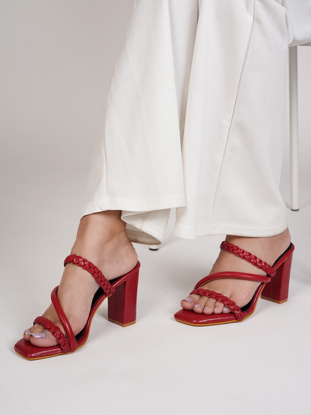 

SCENTRA Woven Design Open Toe Block Heels, Maroon