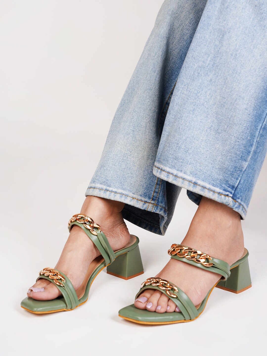 

SCENTRA Embellished Open Toe Block Heels, Green