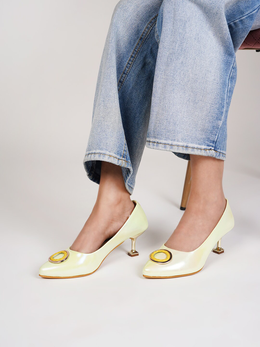 

SCENTRA Embellished Pointed Toe Kitten Pumps, Sea green