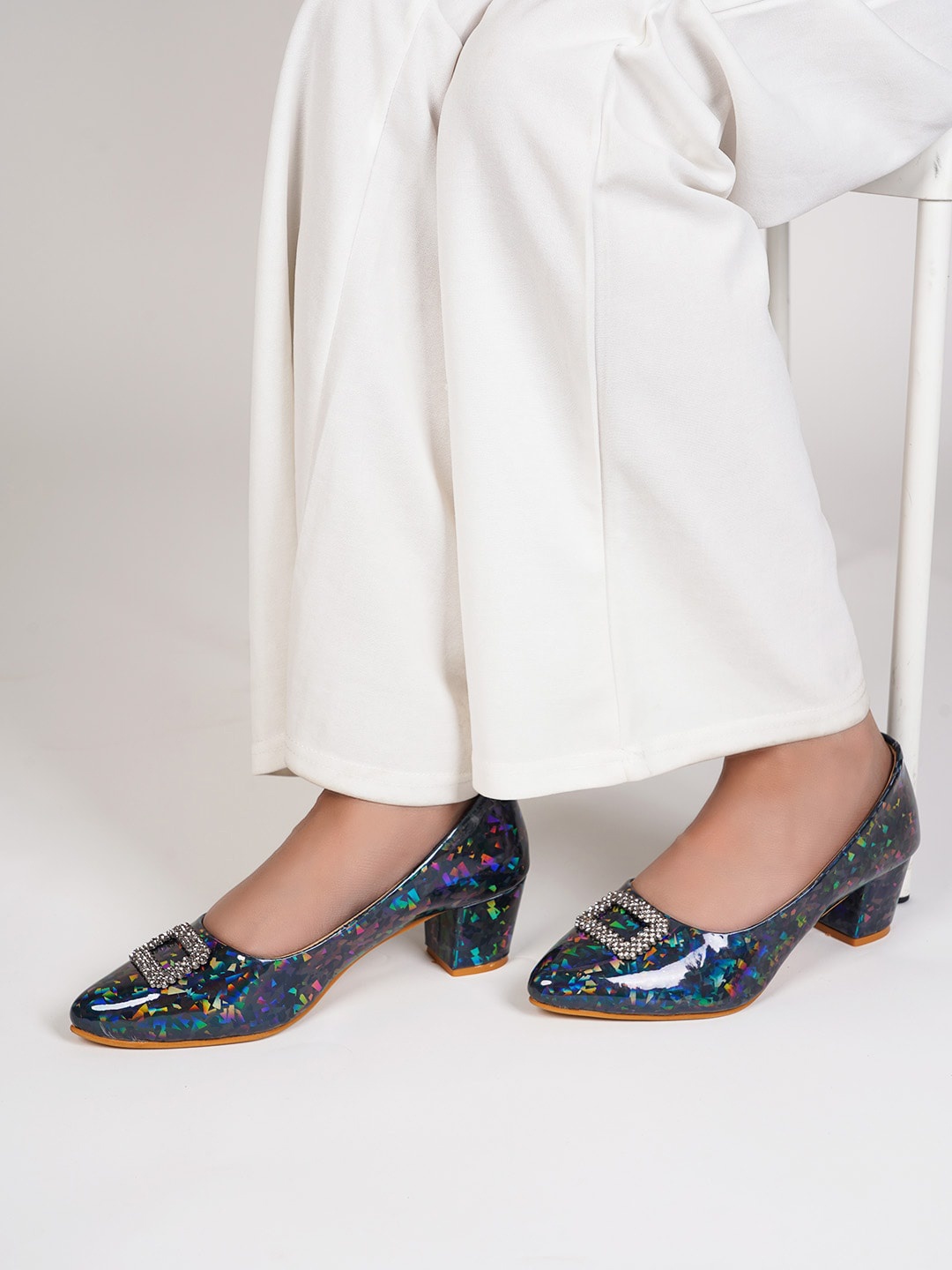 

SCENTRA Printed Pointed Toe Block Pumps, Blue