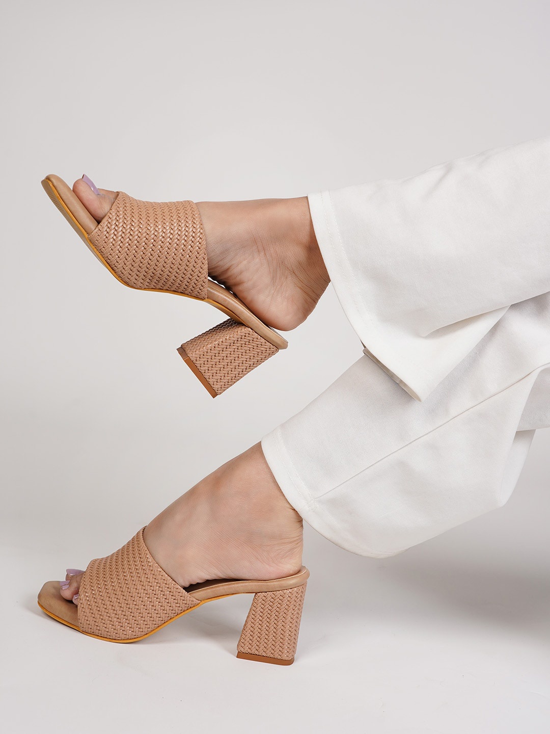 

SCENTRA Woven Design Open Toe Block Heels, Tan