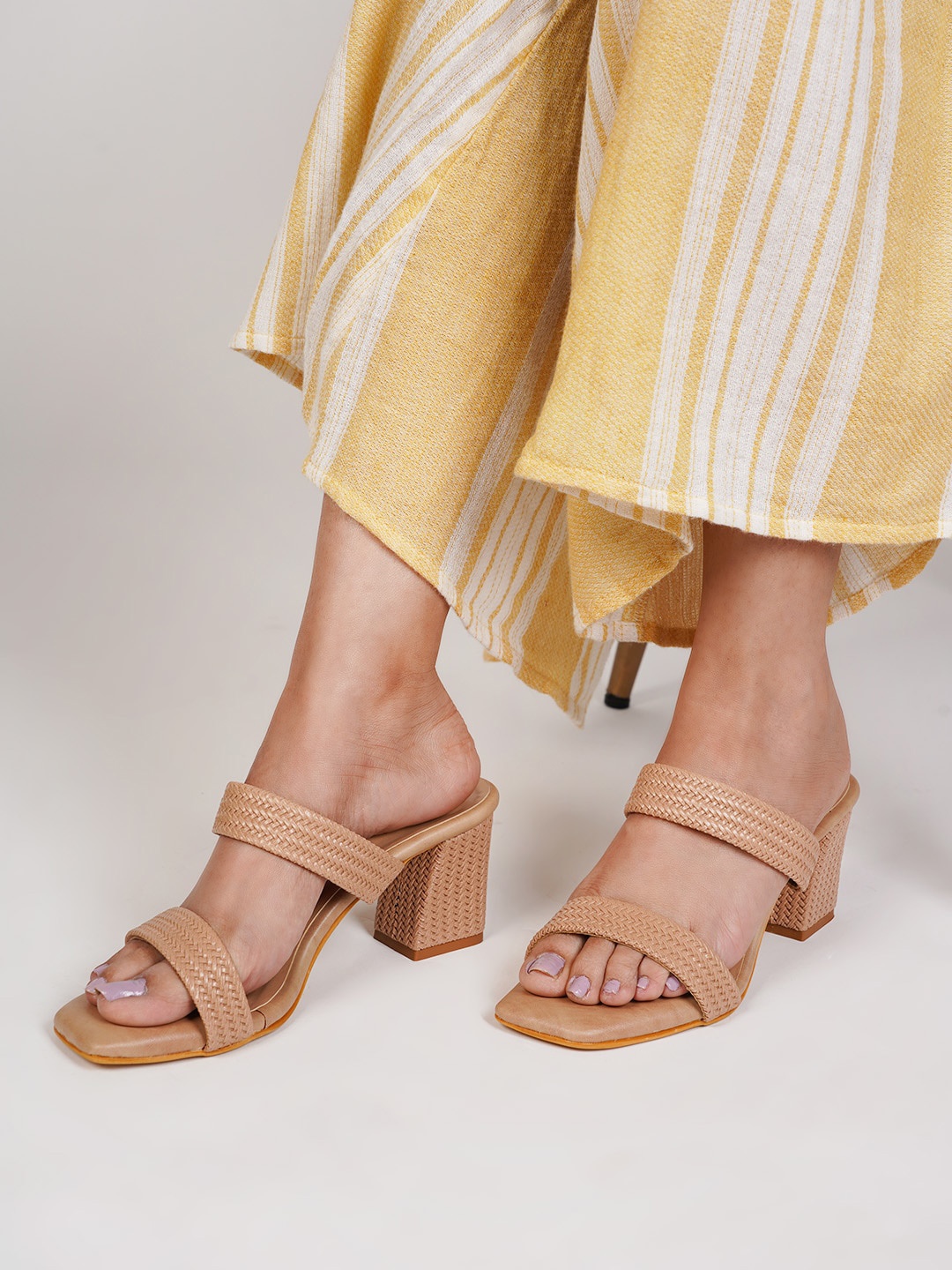 

SCENTRA Woven Design Open Toe Block Heels, Tan