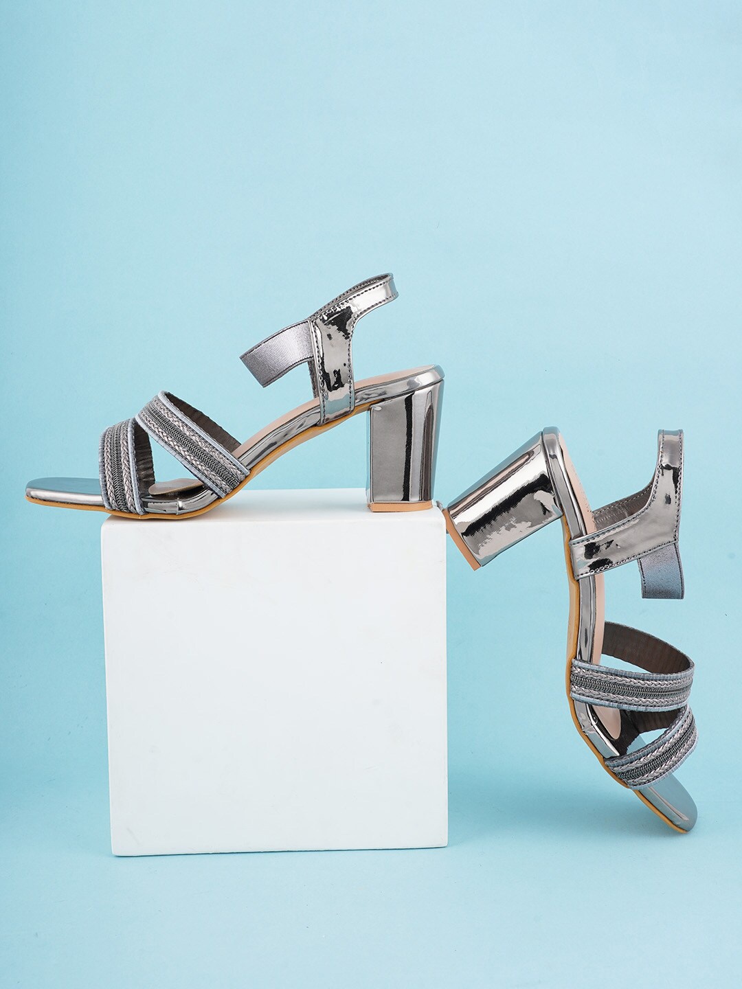 

SCENTRA Woven Design Open Toe Block Heels With Backstrap, Grey