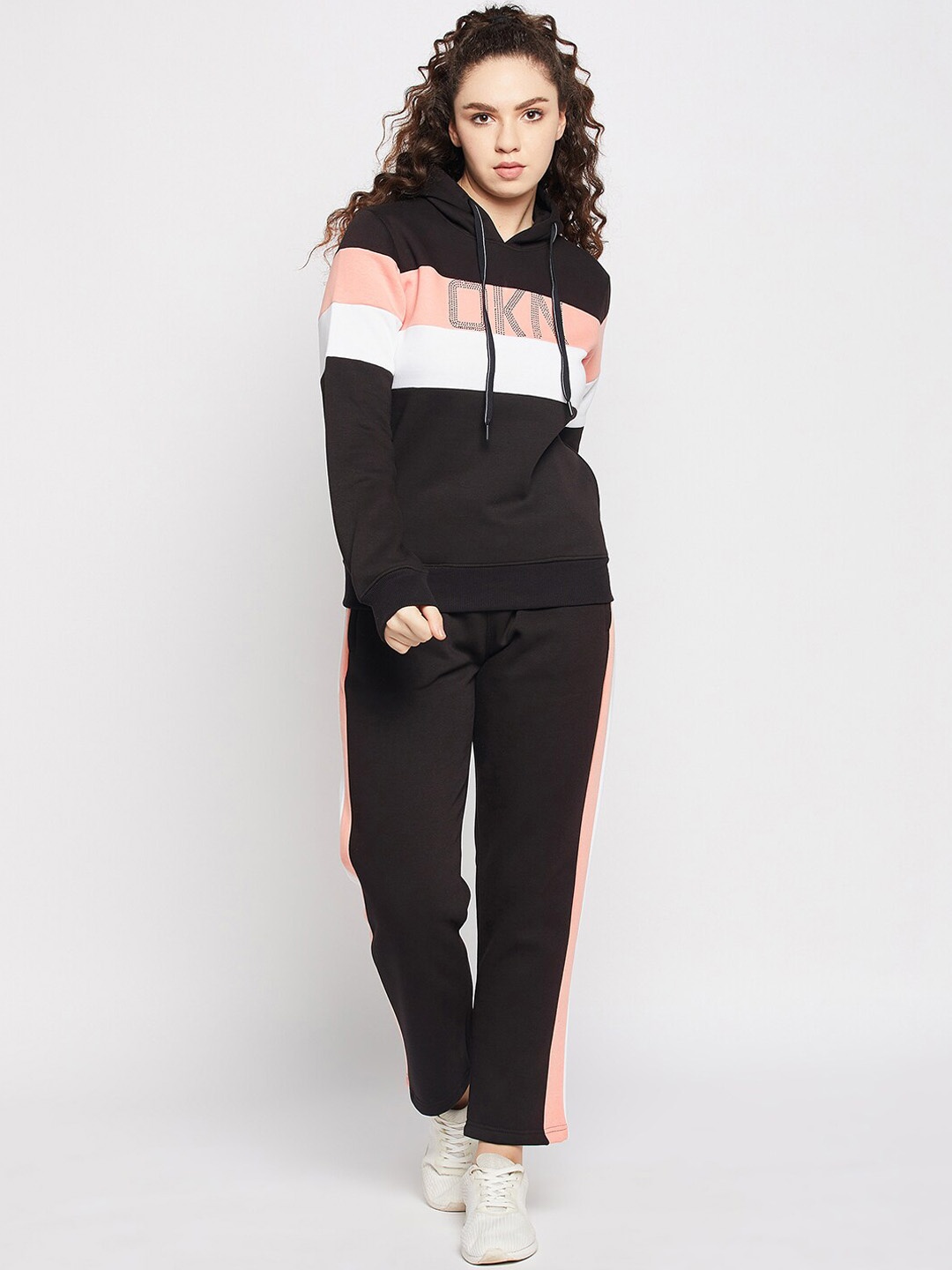

Okane Women Colourblocked Long Sleeves Hood Mid-Rise Tracksuits, Black
