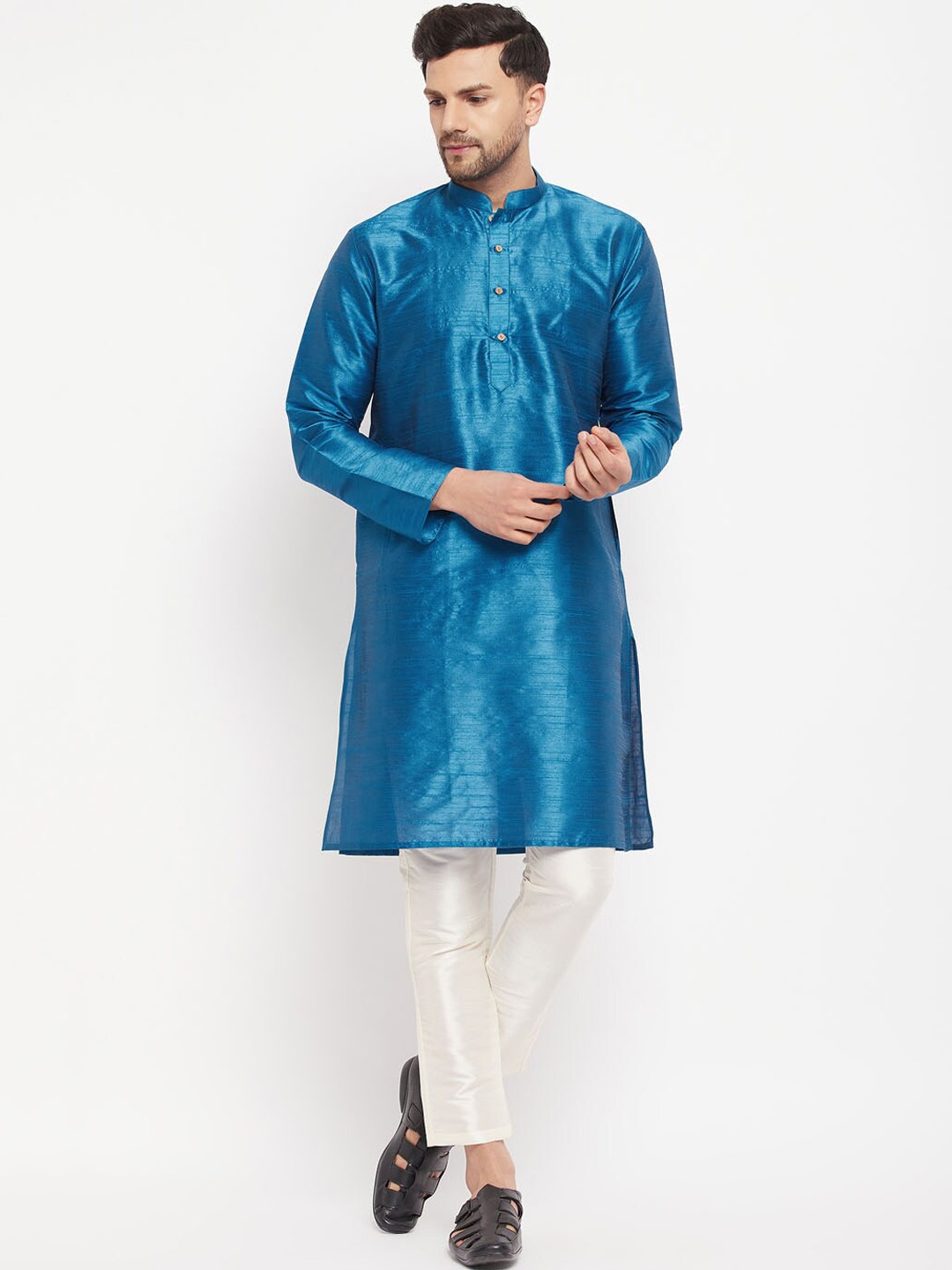 

VASTRAMAY Mandarin Collar Straight Kurta with Pyjamas, Blue