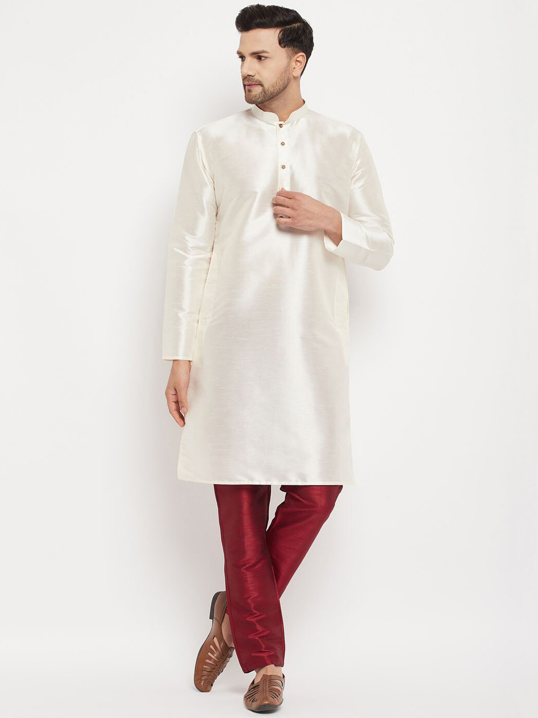 

VASTRAMAY Mandarin Collar Straight Kurta with Pyjamas, Off white
