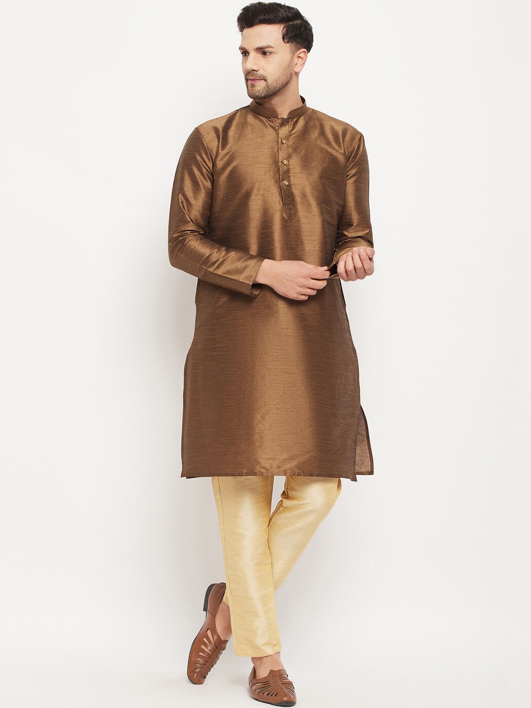 

VASTRAMAY Mandarin Collar Straight Kurta with Pyjamas, Coffee brown