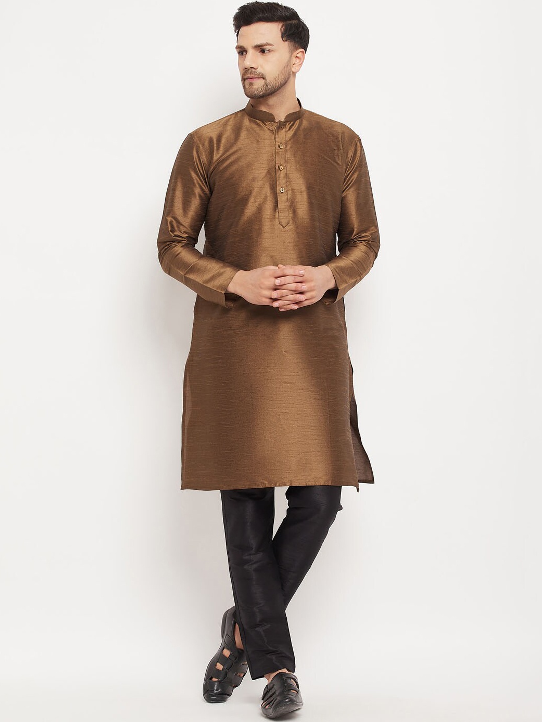 

VASTRAMAY Mandarin Collar Straight Kurta with Pyjamas, Coffee brown