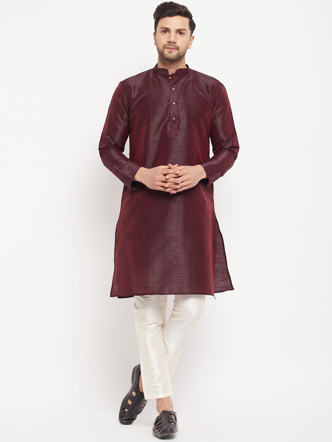 

VASTRAMAY Mandarin Collar Straight Kurta with Trousers, Burgundy