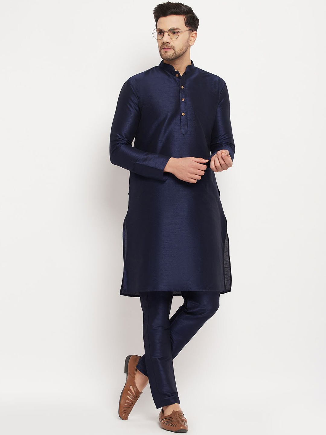 

VASTRAMAY Mandarin Collar Straight Kurta with Trousers, Navy blue