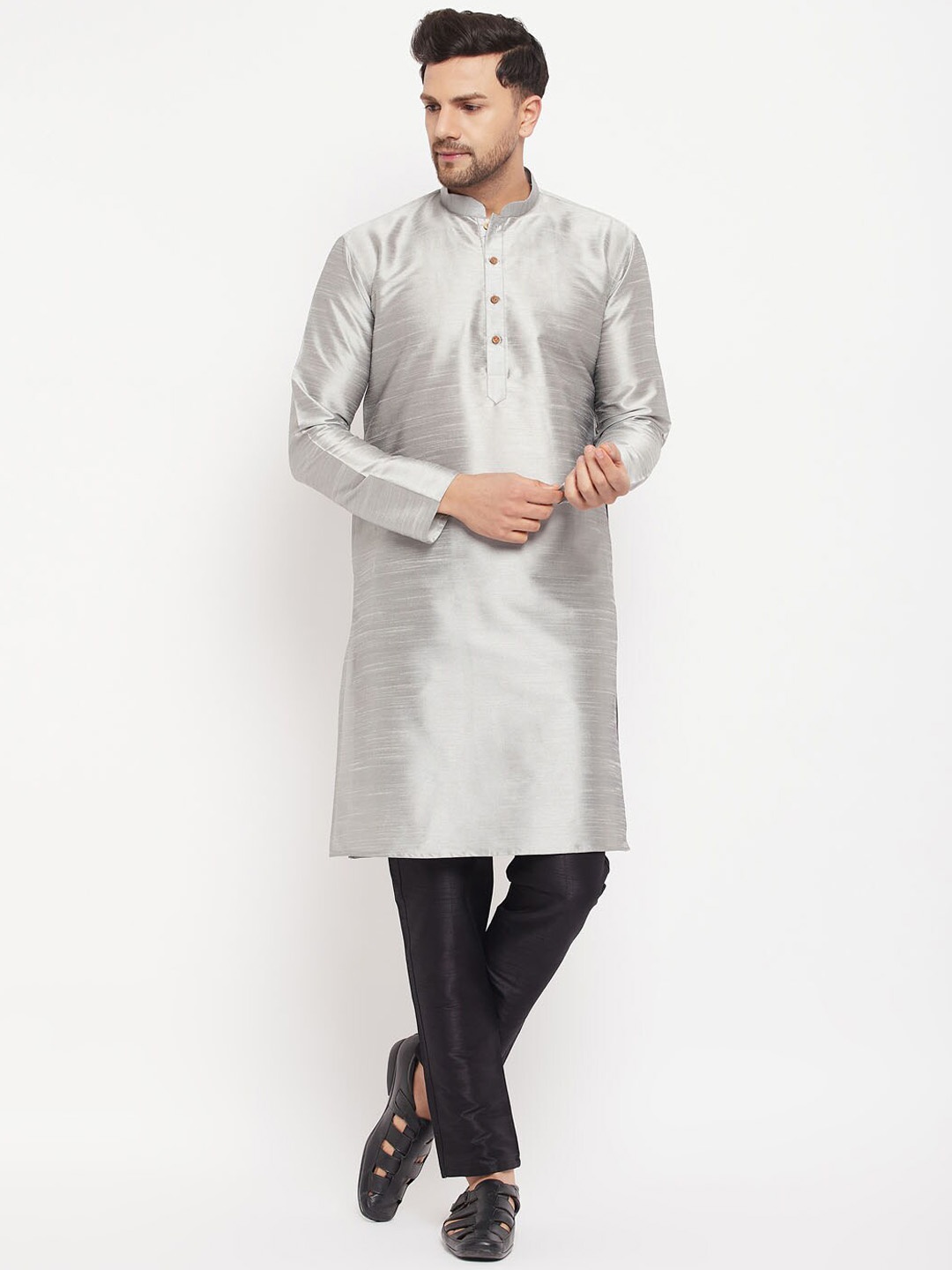 

VASTRAMAY Mandarin Collar Straight Kurta with Trousers, Grey