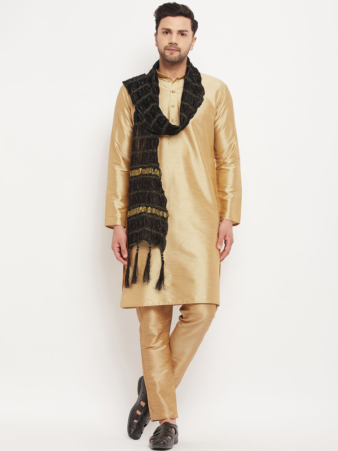 

VASTRAMAY Mandarin Collar Silk Blend Kurta With Trousers & Dupatta, Rose gold