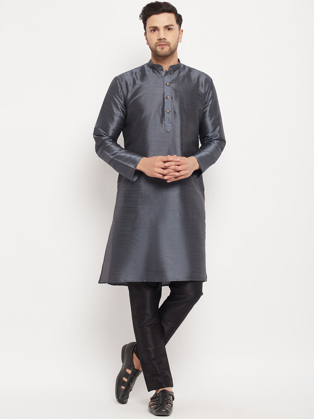 

VASTRAMAY Mandarin Collar Straight Silk Blend Kurta with Trousers, Steel