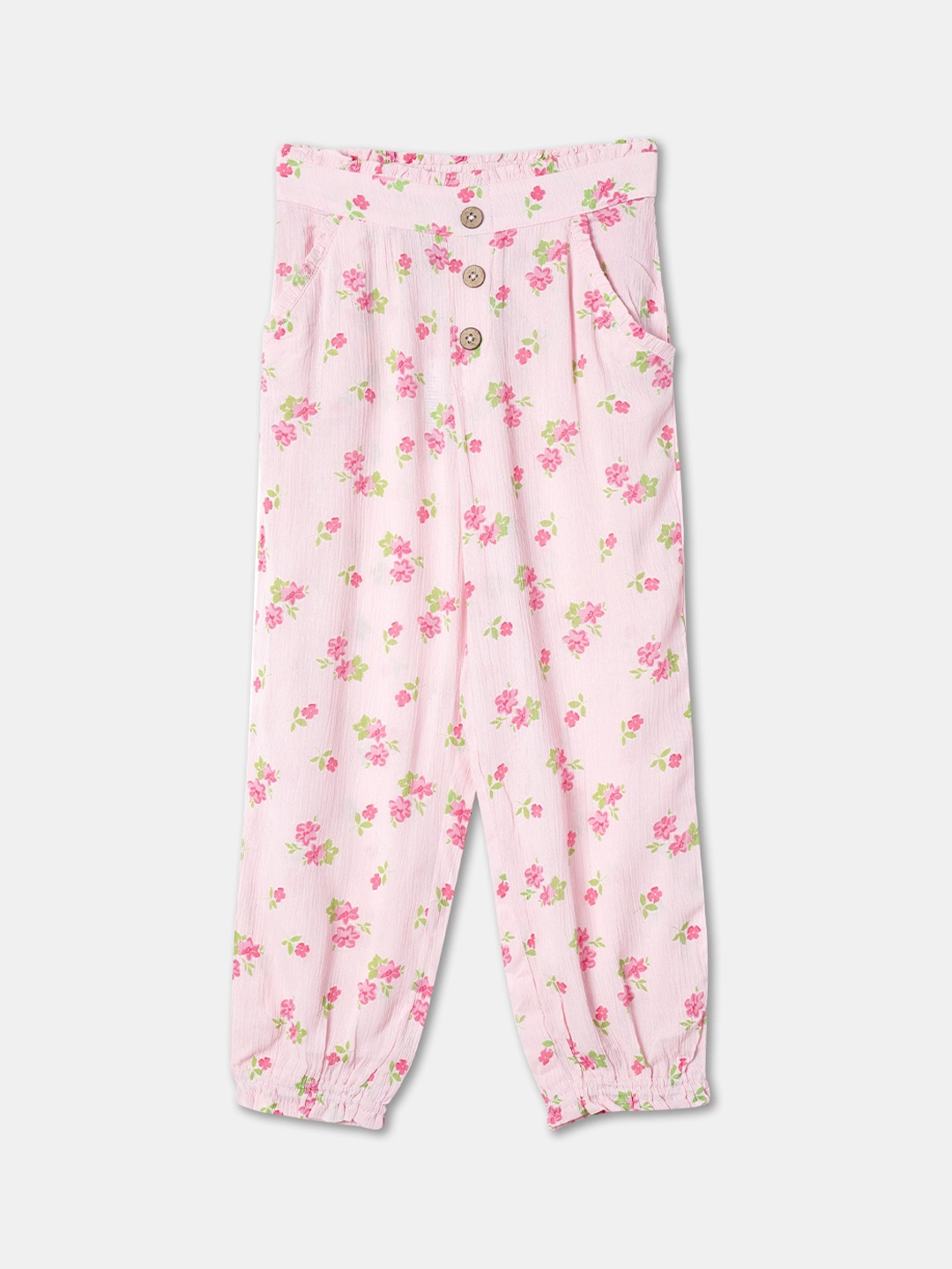 

R&B Girls Floral Printed Pleated Cotton Joggers, Pink