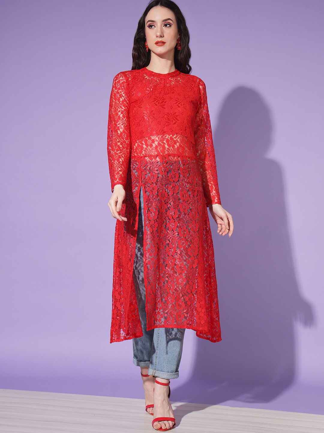 

WoowZerz Floral Woven Design Front Slit Kurta, Red