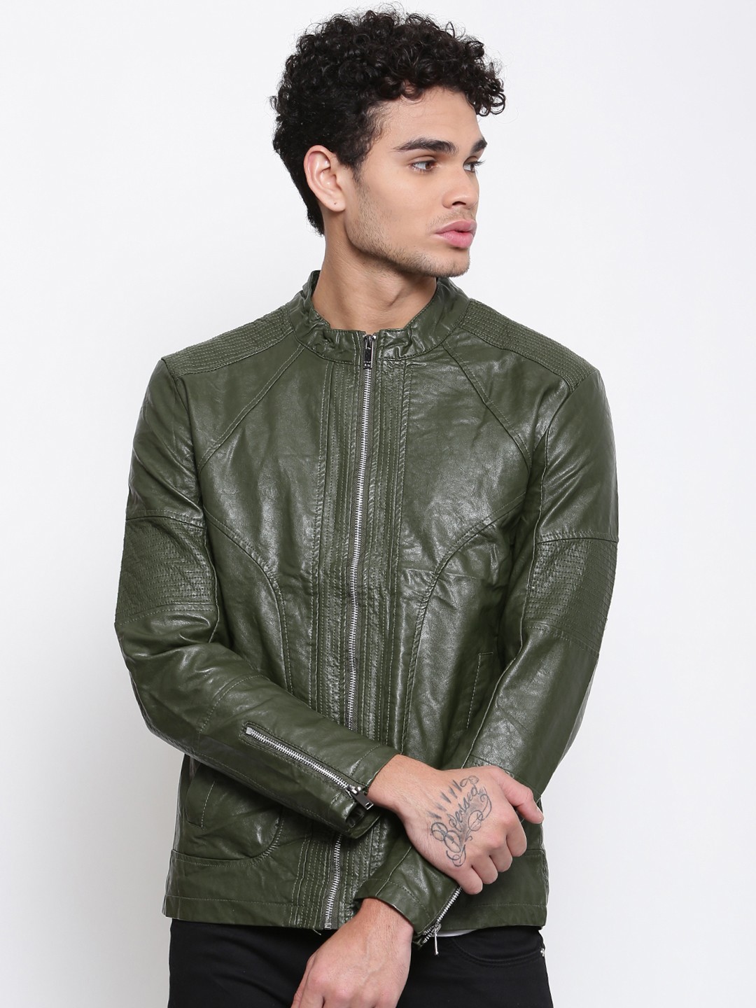 

The Indian Garage Co Men Green Solid Biker Jacket