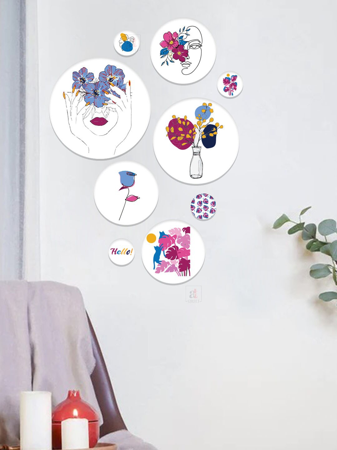 

Art Street 9-Pcs White & Pink One Line Art Female Face With Flower Printed MDF Wooden Wall Plates