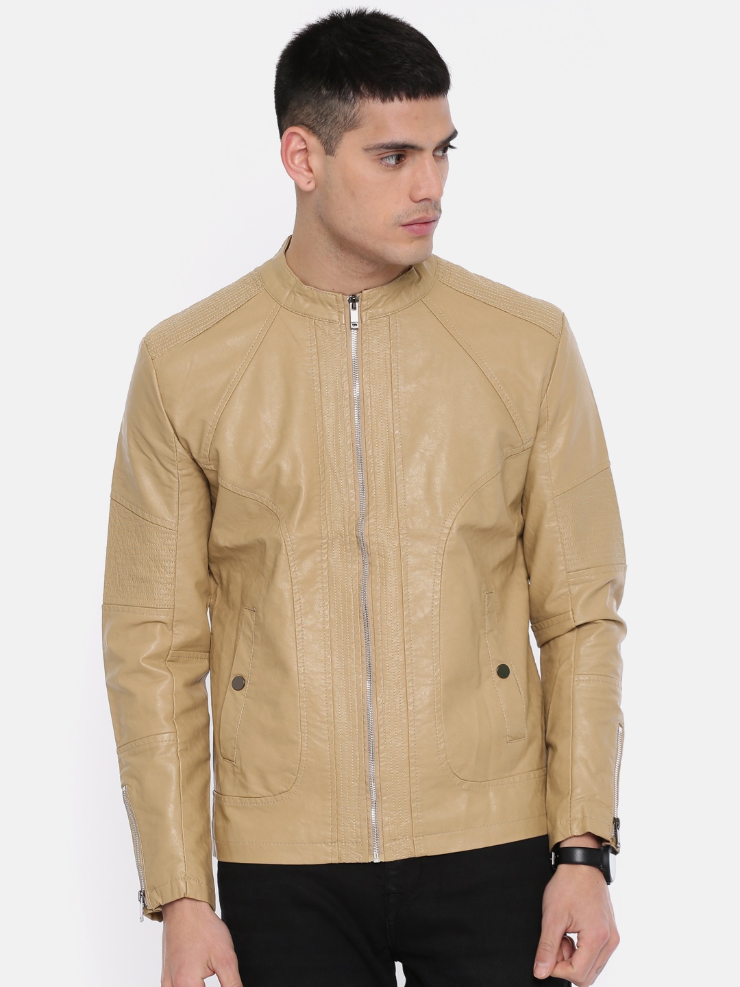 

The Indian Garage Co Men Khaki Solid Biker Jacket