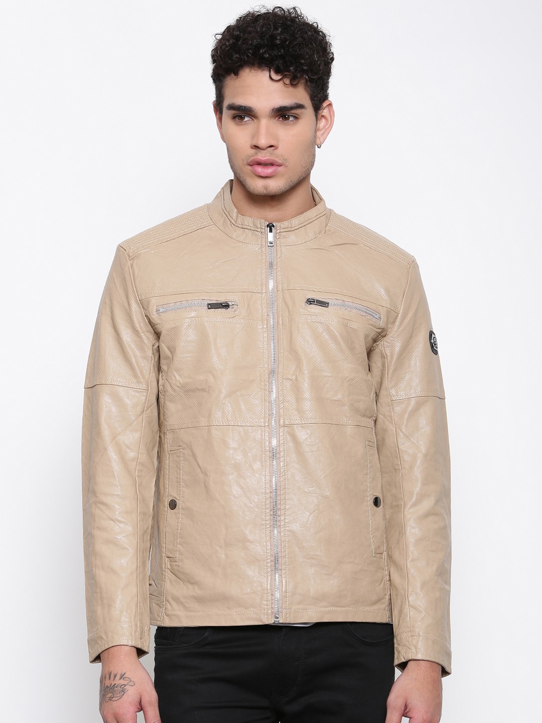 

The Indian Garage Co Men Beige Solid Biker Jacket